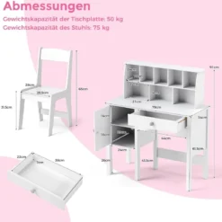 Schreibtisch Kinder mit Stuhl Kinderschreibtisch mit Schublade Schrank & Regal 79 x 34 x 91cm Weiß