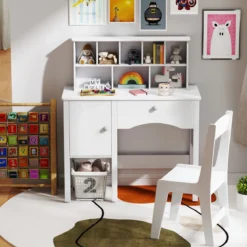 Schreibtisch Kinder mit Stuhl Kinderschreibtisch mit Schublade Schrank & Regal 79 x 34 x 91cm Weiß