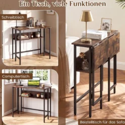 Schreibtisch Klappbar mit Robuster Metallkonstruktion & Ablagefach Computertisch Holz Rustikales Braun