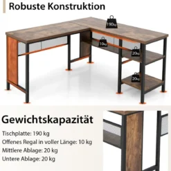 Schreibtisch L-Form Eckschreibtisch mit Regal in voller Länge und 2-stufige Seitenregale Rustikal Braun 150 x 140 x 75 cm
