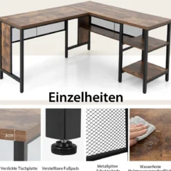 Schreibtisch L-Form Eckschreibtisch mit Regal in voller Länge und 2-stufige Seitenregale Rustikal Braun 150 x 140 x 75 cm