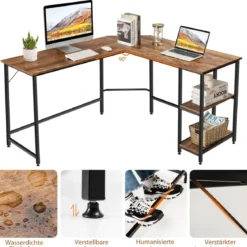 Schreibtisch L-Form Eckschreibtisch mit 2 Ablagen Ecktisch mit abnehmbarem Regal Kaffeebraun/Schwarz/Natur