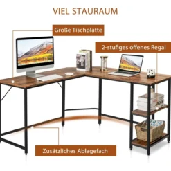 Schreibtisch L-Form Eckschreibtisch mit 2 Ablagen Ecktisch mit abnehmbarem Regal Kaffeebraun/Schwarz/Natur