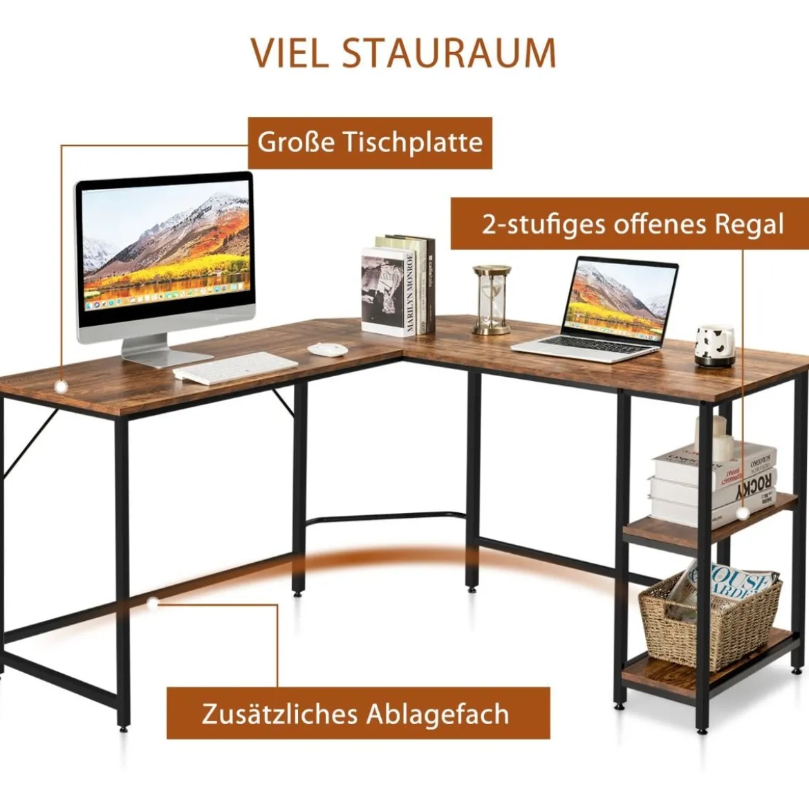 Schreibtisch L-Form Eckschreibtisch mit 2 Ablagen Ecktisch mit abnehmbarem Regal Kaffeebraun/Schwarz/Natur