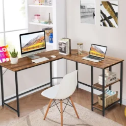 Schreibtisch L-Form Eckschreibtisch mit 2 Ablagen Ecktisch mit abnehmbarem Regal Kaffeebraun/Schwarz/Natur