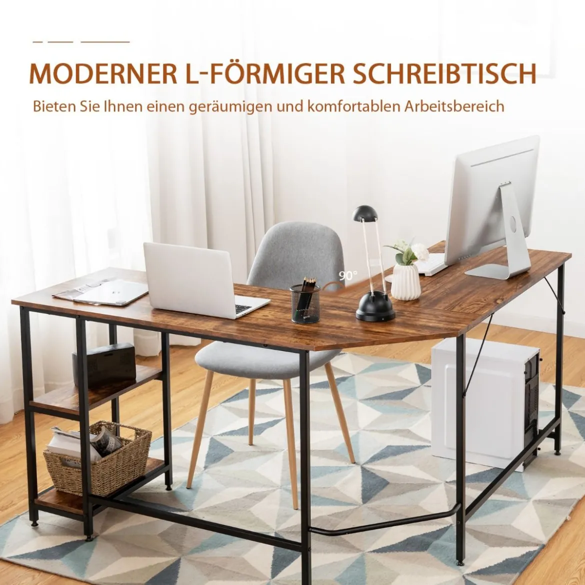 Schreibtisch L-Form Eckschreibtisch mit 2 Ablagen Ecktisch mit abnehmbarem Regal Kaffeebraun/Schwarz/Natur