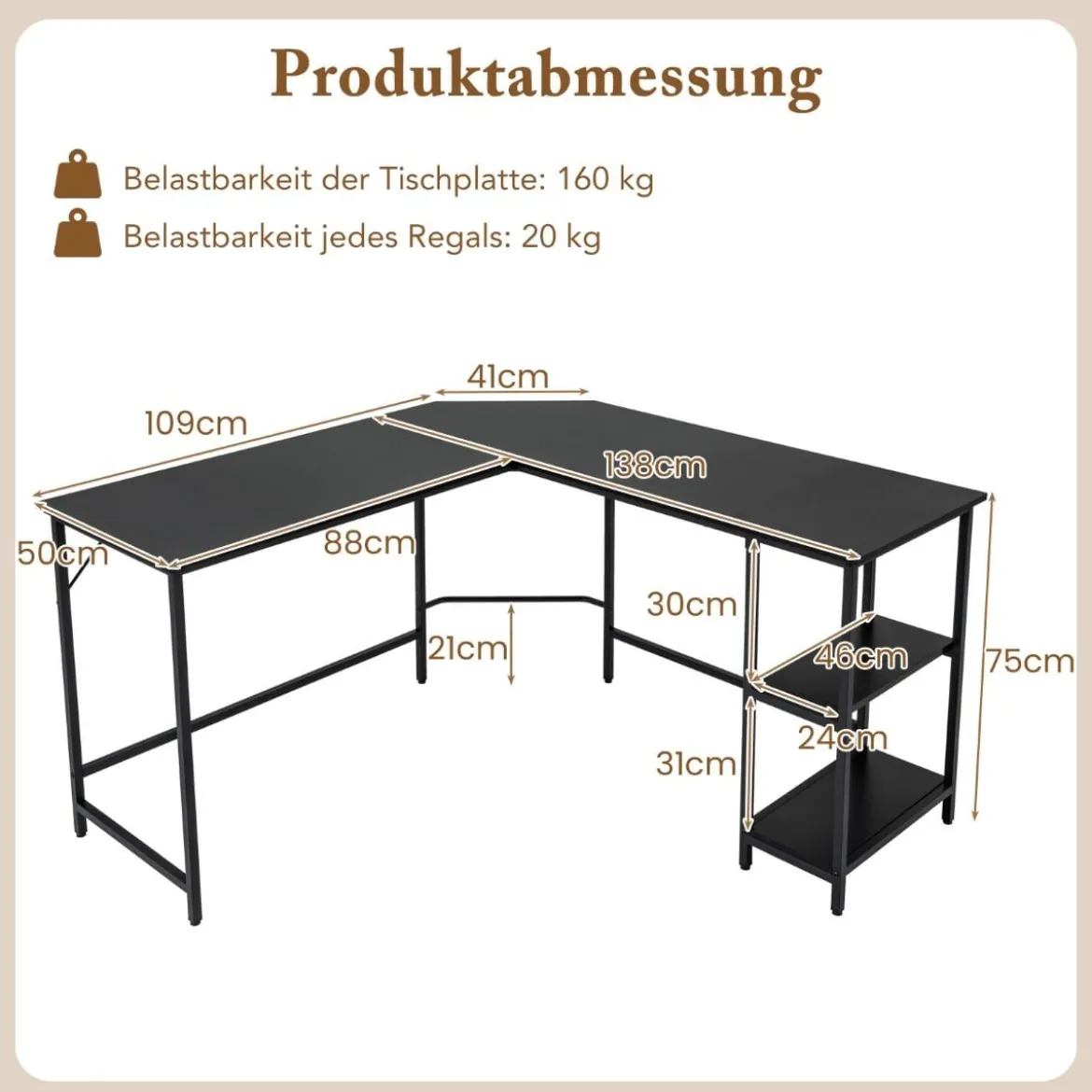 Schreibtisch L-Form Eckschreibtisch mit 2 Ablagen Ecktisch mit abnehmbarem Regal Kaffeebraun/Schwarz/Natur