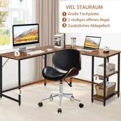 Schreibtisch L-Form Eckschreibtisch mit 2 Ablagen Ecktisch mit abnehmbarem Regal Kaffeebraun/Schwarz/Natur