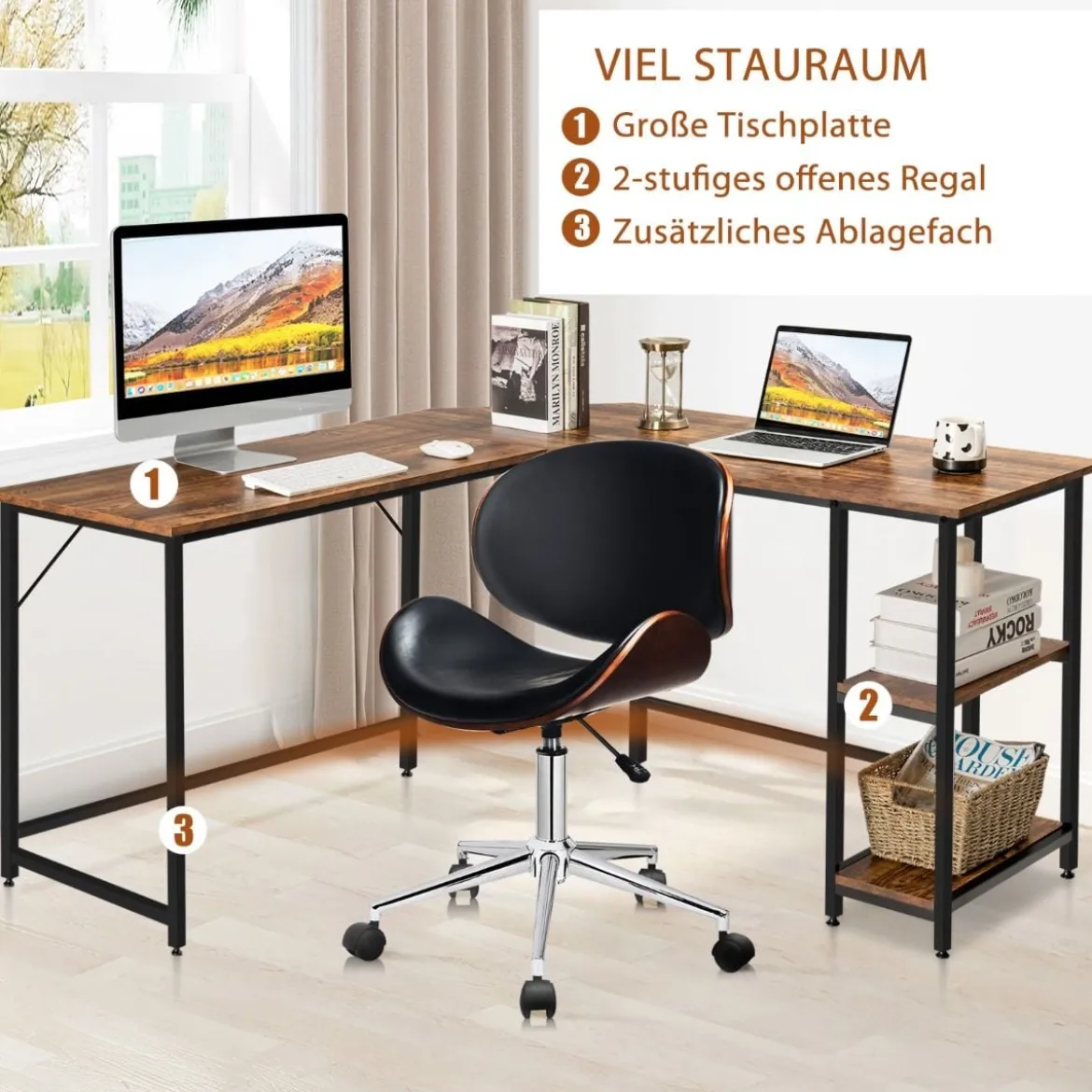 Schreibtisch L-Form Eckschreibtisch mit 2 Ablagen Ecktisch mit abnehmbarem Regal Kaffeebraun/Schwarz/Natur