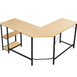 Schreibtisch L-Form Eckschreibtisch mit 2 Ablagen Ecktisch mit abnehmbarem Regal Kaffeebraun/Schwarz/Natur