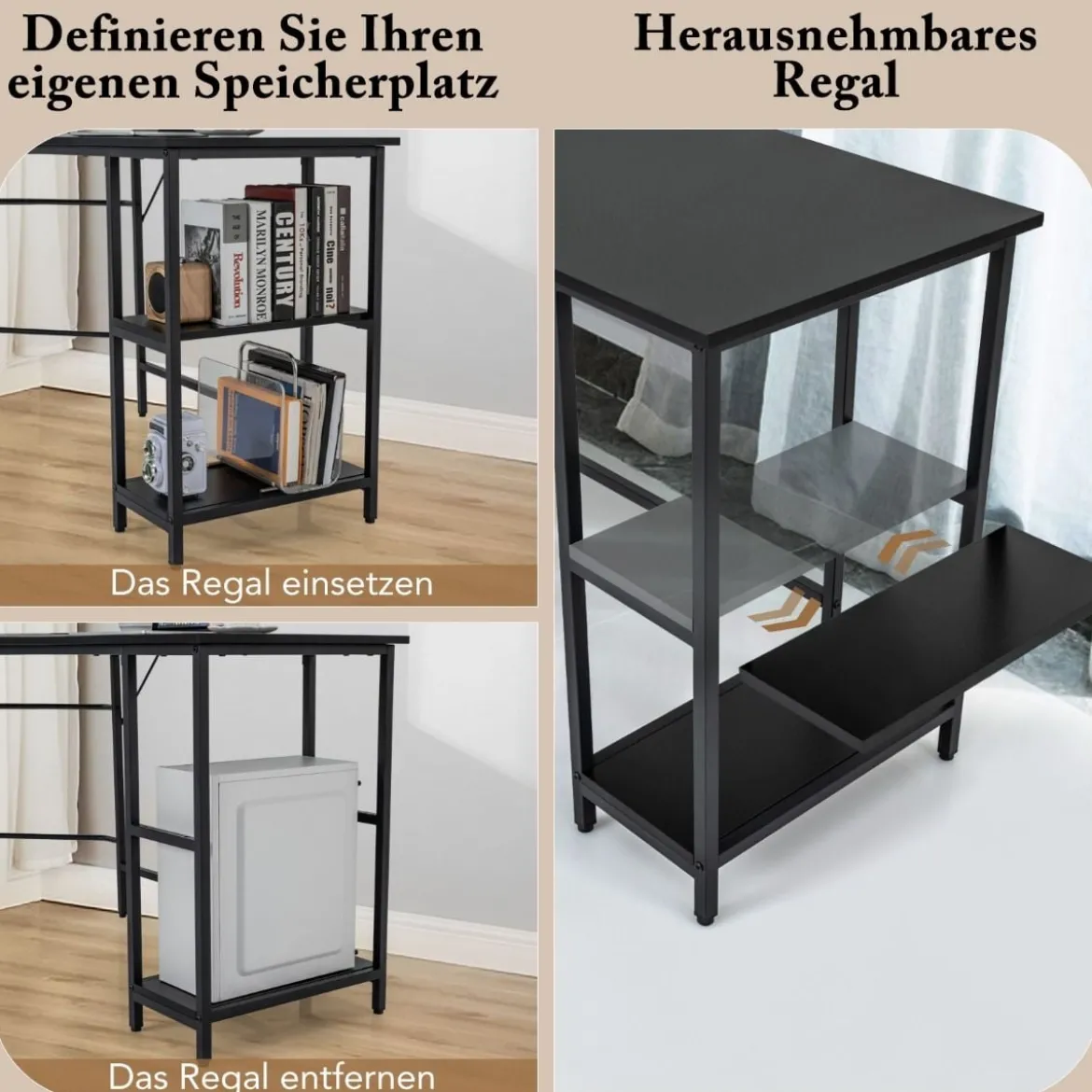 Schreibtisch L-Form Eckschreibtisch mit 2 Ablagen Ecktisch mit abnehmbarem Regal Kaffeebraun/Schwarz/Natur