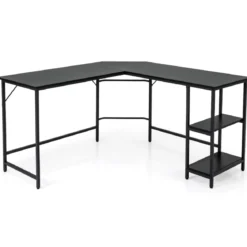 Schreibtisch L-Form Eckschreibtisch mit 2 Ablagen Ecktisch mit abnehmbarem Regal Kaffeebraun/Schwarz/Natur
