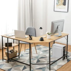 Schreibtisch L-Form Eckschreibtisch mit 2 Ablagen Ecktisch mit abnehmbarem Regal Kaffeebraun/Schwarz/Natur
