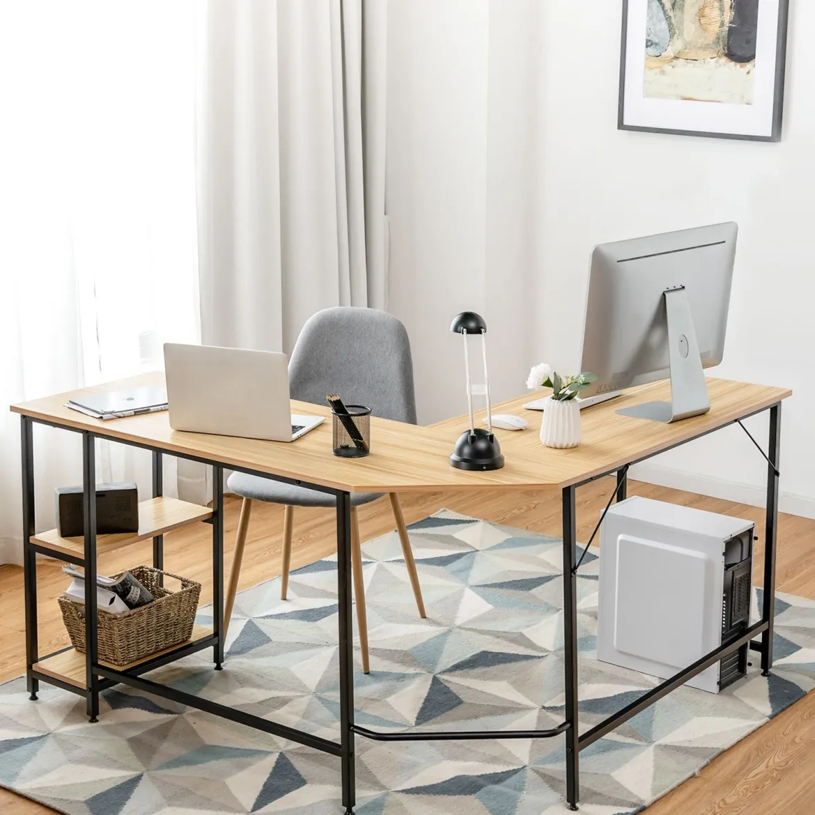 Schreibtisch L-Form Eckschreibtisch mit 2 Ablagen Ecktisch mit abnehmbarem Regal Kaffeebraun/Schwarz/Natur
