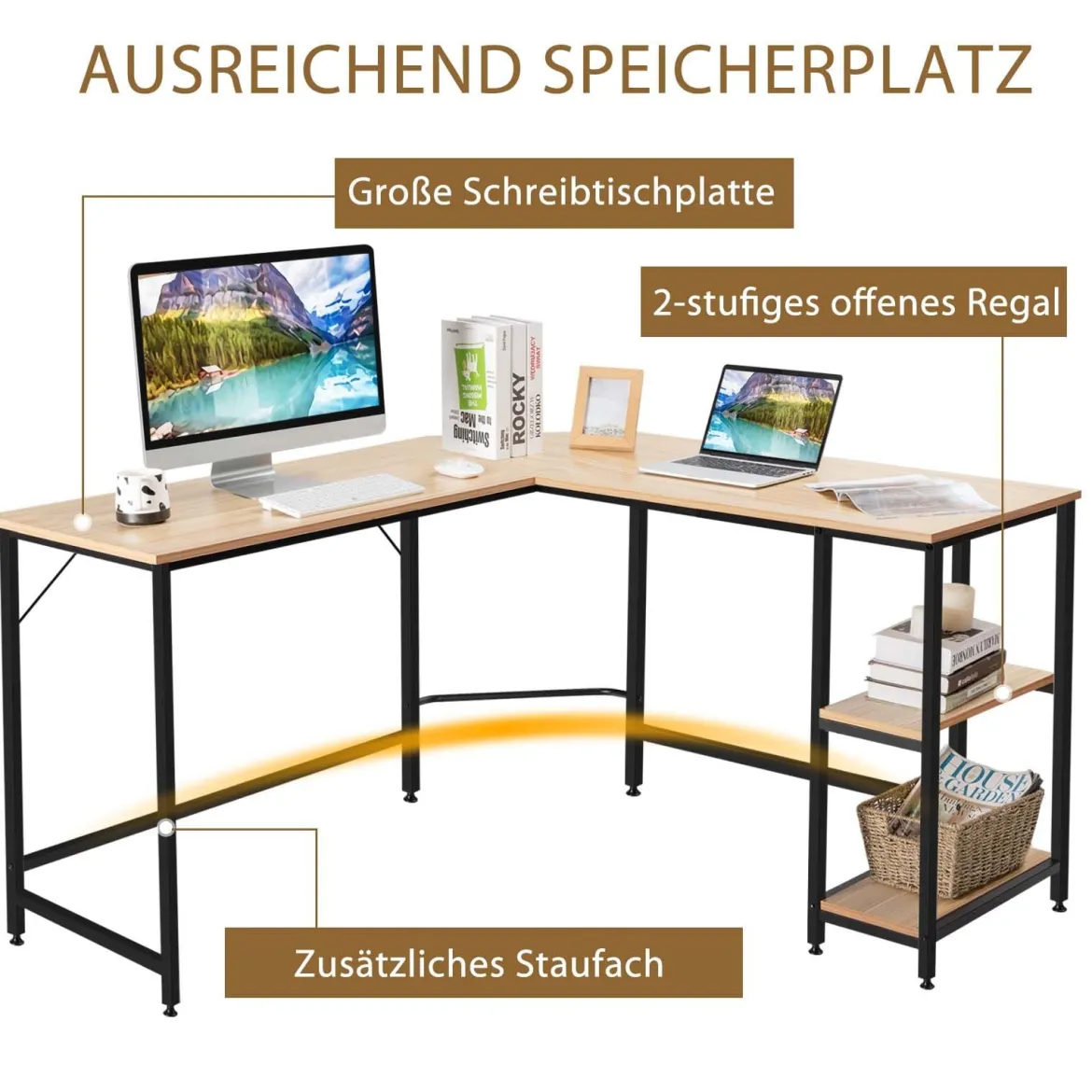 Schreibtisch L-Form Eckschreibtisch mit 2 Ablagen Ecktisch mit abnehmbarem Regal Kaffeebraun/Schwarz/Natur