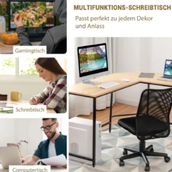 Schreibtisch L-Form Eckschreibtisch mit 2 Ablagen Ecktisch mit abnehmbarem Regal Kaffeebraun/Schwarz/Natur