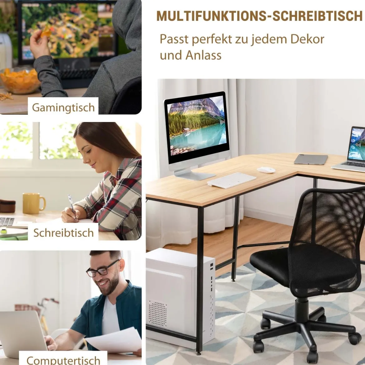 Schreibtisch L-Form Eckschreibtisch mit 2 Ablagen Ecktisch mit abnehmbarem Regal Kaffeebraun/Schwarz/Natur