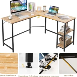 Schreibtisch L-Form Eckschreibtisch mit 2 Ablagen Ecktisch mit abnehmbarem Regal Kaffeebraun/Schwarz/Natur