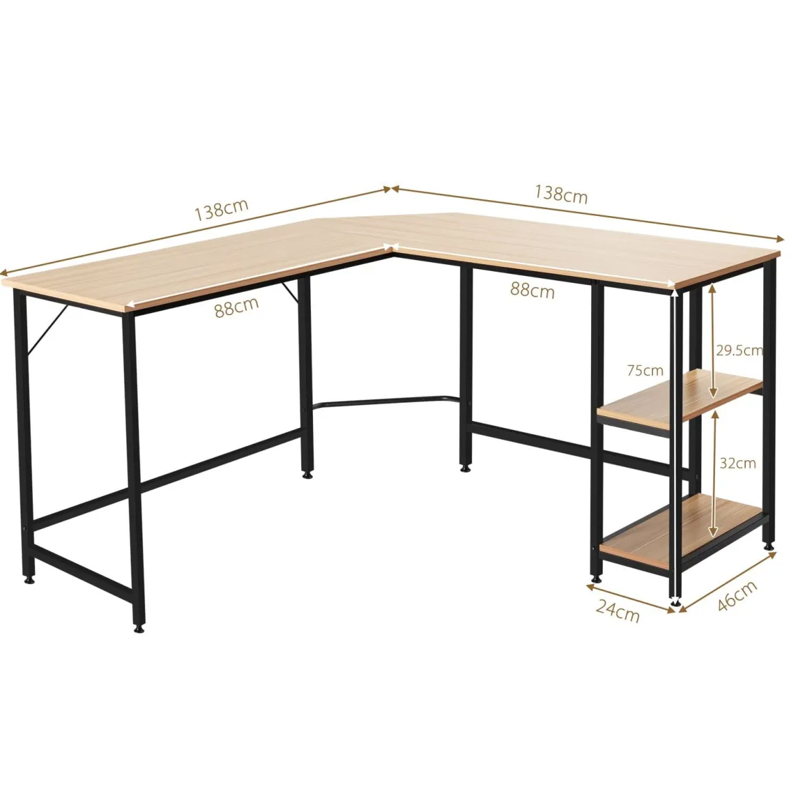 Schreibtisch L-Form Eckschreibtisch mit 2 Ablagen Ecktisch mit abnehmbarem Regal Kaffeebraun/Schwarz/Natur