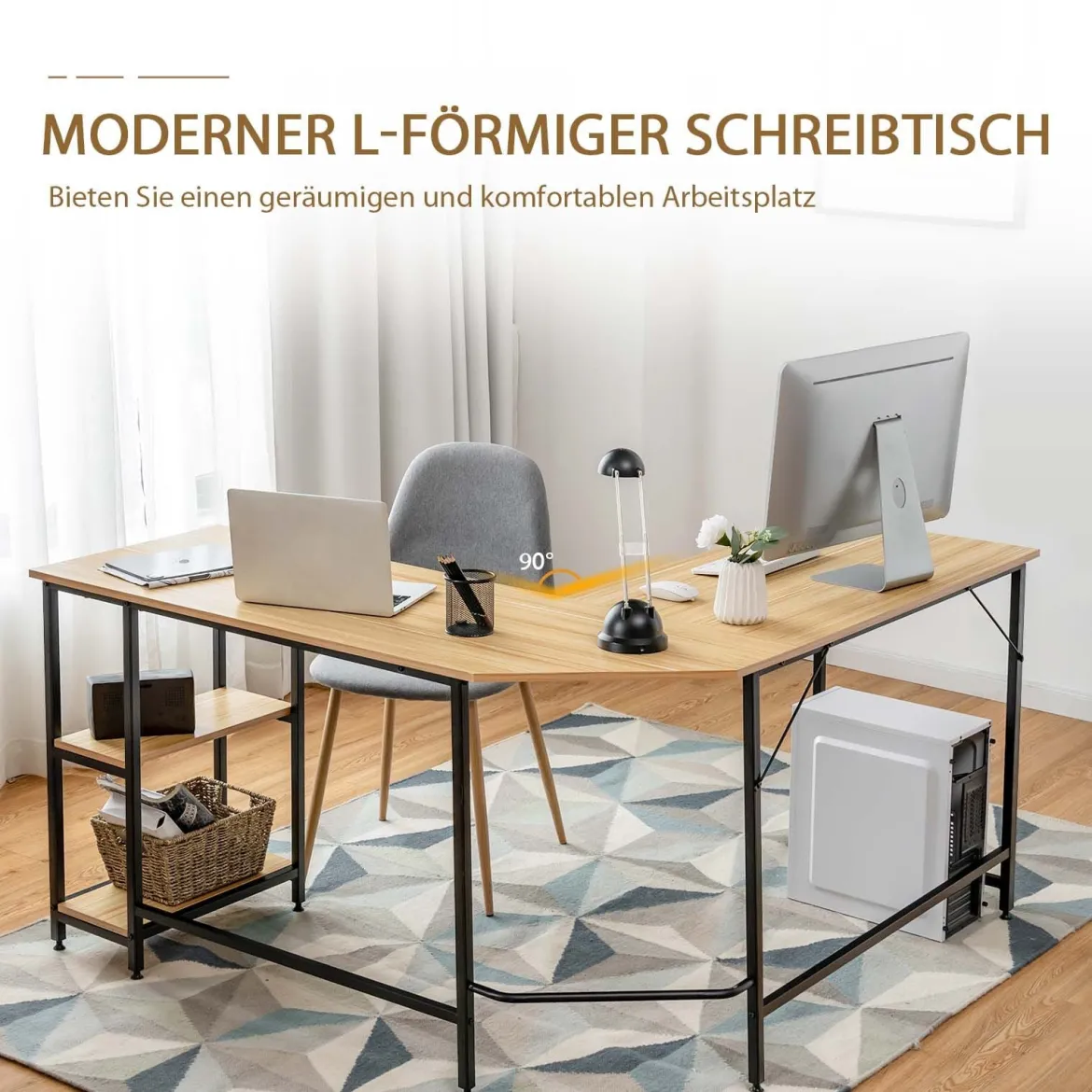 Schreibtisch L-Form Eckschreibtisch mit 2 Ablagen Ecktisch mit abnehmbarem Regal Kaffeebraun/Schwarz/Natur