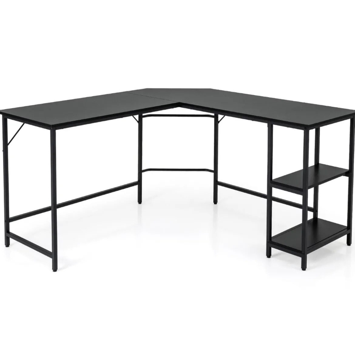 Schreibtisch L-Form Eckschreibtisch mit 2 Ablagen Ecktisch mit abnehmbarem Regal Kaffeebraun/Schwarz/Natur