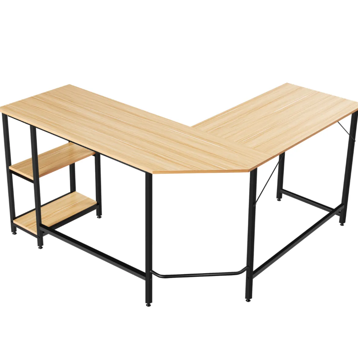 Schreibtisch L-Form Eckschreibtisch mit 2 Ablagen Ecktisch mit abnehmbarem Regal Kaffeebraun/Schwarz/Natur