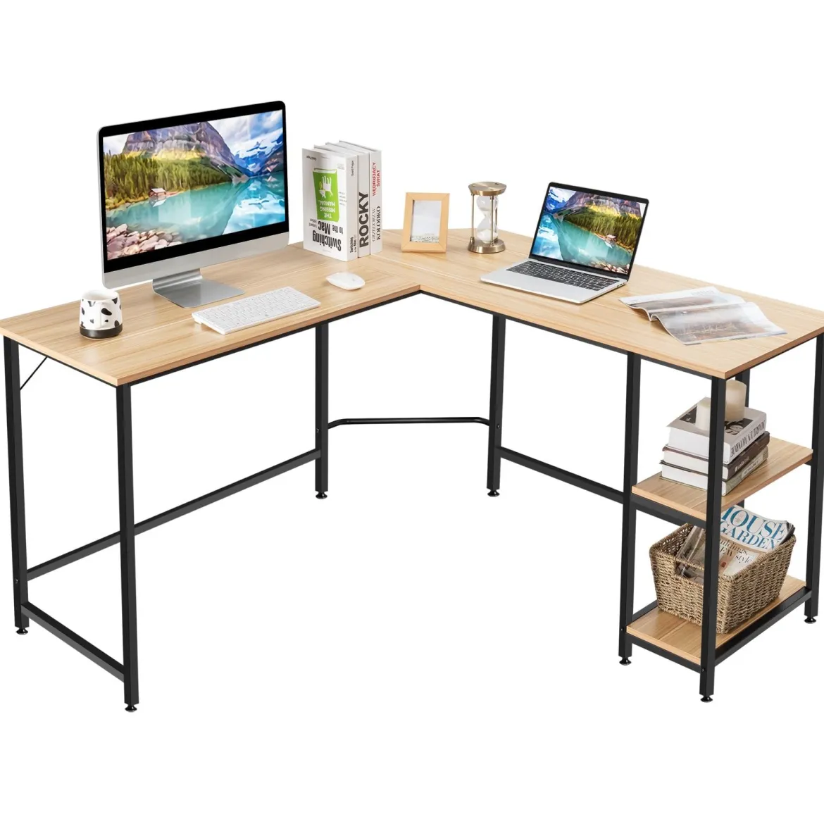 Schreibtisch L-Form Eckschreibtisch mit 2 Ablagen Ecktisch mit abnehmbarem Regal Kaffeebraun/Schwarz/Natur