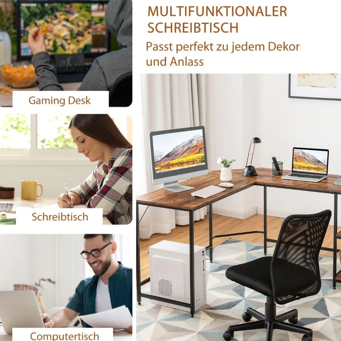 Schreibtisch L-Form Eckschreibtisch mit 2 Ablagen Ecktisch mit abnehmbarem Regal Kaffeebraun/Schwarz/Natur