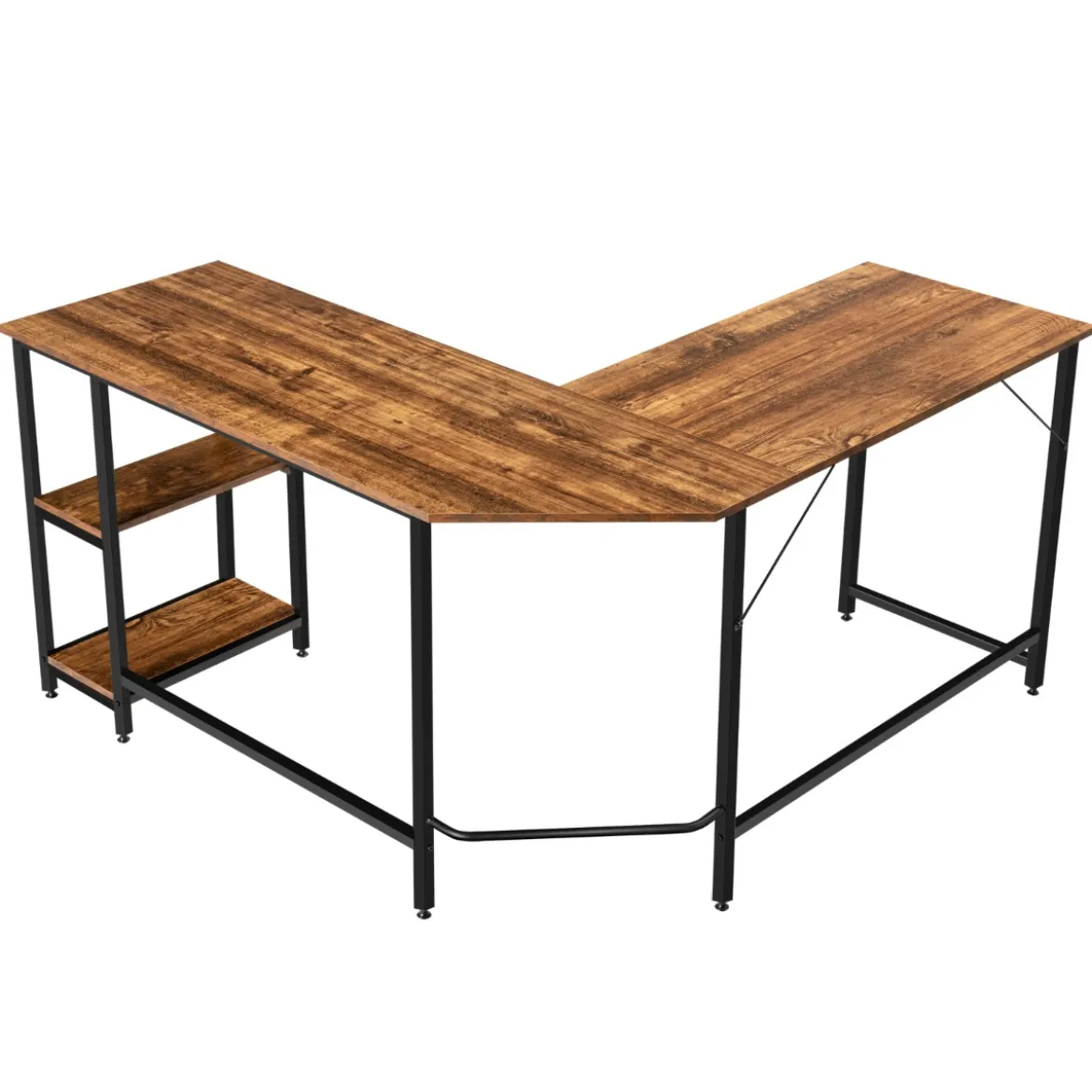 Schreibtisch L-Form Eckschreibtisch mit 2 Ablagen Ecktisch mit abnehmbarem Regal Kaffeebraun/Schwarz/Natur