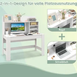 Schreibtisch mit Bücherregal & Kabelführungslöchern 120 x 54 x 129 cm Weiß