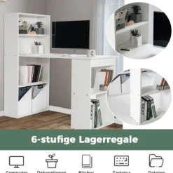 Schreibtisch mit Bücherregal Computertisch mit 6 Regalen PC-Tisch mit Regal Bürotisch Weiß