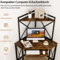 Schreibtisch mit Ladestation Eck Computertisch mit Tastaturablage & 2 Ablagen 113 x 75 x 145 cm Rustikales Braun + Schwarz