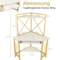 Schreibtisch mit Ladestation Eck Computertisch mit Tastaturablage & 2 Ablagen 113 x 75 x 145 cm Weiß + Gold