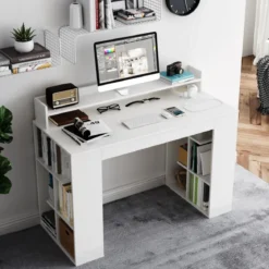 Schreibtisch mit Monitorablage & 2 Bücherregalen Computertisch 120 x 54 x 90 cm Weiß