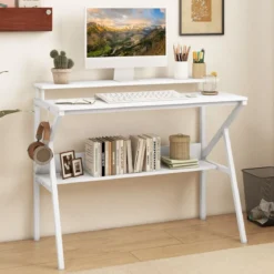Schreibtisch mit Monitorständer 100 x 50 cm Kleiner Computertisch PC-Tisch mit Regal Weiß