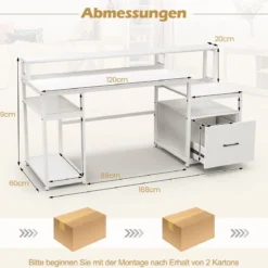 Schreibtisch mit Monitorständer Druckerständer CPU-Ständer & Aktenschrank 168 x 69 x 89 cm Weiß