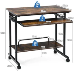Schreibtisch mit Rollen Tastaturablage Platzsparender Computertisch 80 x 50 x 75 cm Rustikales Braun