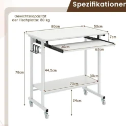 Schreibtisch mit Rollen & Tastaturablage & Ablagefläche unten & Haken Computertisch Weiß