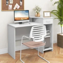 Schreibtisch mit Schublade Druckerablage und verstellbarem Regal Computertisch 102 x 49,5 x 84,5 cm Weiß