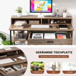 Schreibtisch mit Schublade Monitorständer & 2 offenen Regalen Computertisch mit Metallrahmen 120 x 56 x 90,5 cm