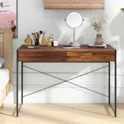 Schreibtisch mit 2 Schubladen & Robustem Stahlrahmen & Verstärkter Struktur 112 x 48 x 76 cm