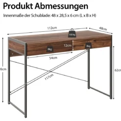 Schreibtisch mit 2 Schubladen & Robustem Stahlrahmen & Verstärkter Struktur 112 x 48 x 76 cm