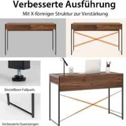 Schreibtisch mit 2 Schubladen & Robustem Stahlrahmen & Verstärkter Struktur 112 x 48 x 76 cm