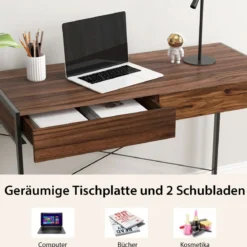 Schreibtisch mit 2 Schubladen & Robustem Stahlrahmen & Verstärkter Struktur 112 x 48 x 76 cm