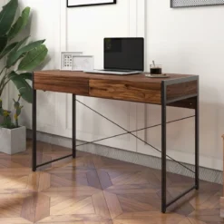 Schreibtisch mit 2 Schubladen & Robustem Stahlrahmen & Verstärkter Struktur 112 x 48 x 76 cm