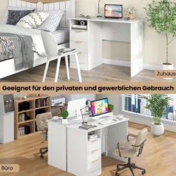 Schreibtisch mit 3 Schubladen & Ladestation Computertisch Moderner Bürotisch Weiß