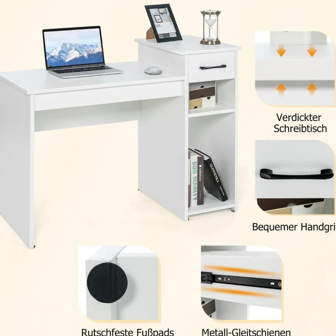 Schreibtisch mit Schublade & offenen Regalen Computertisch aus Holz 102 x 50 x 82 cm Weiß