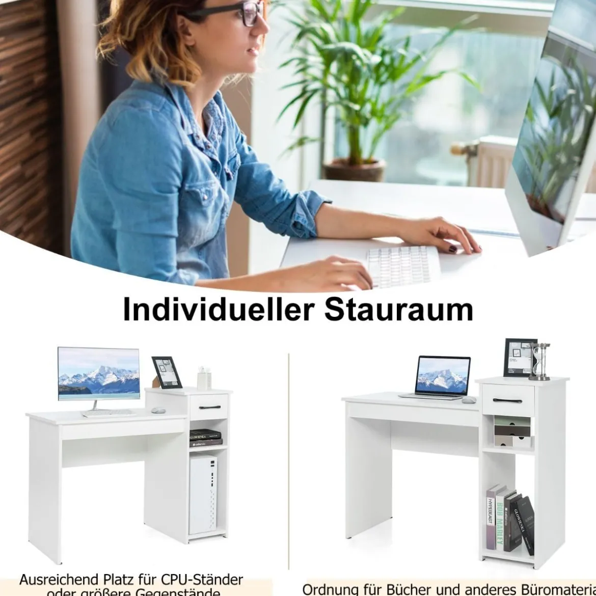 Schreibtisch mit Schublade & offenen Regalen Computertisch aus Holz 102 x 50 x 82 cm Weiß