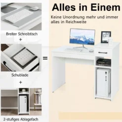 Schreibtisch mit Schublade & offenen Regalen Computertisch aus Holz 102 x 50 x 82 cm Weiß