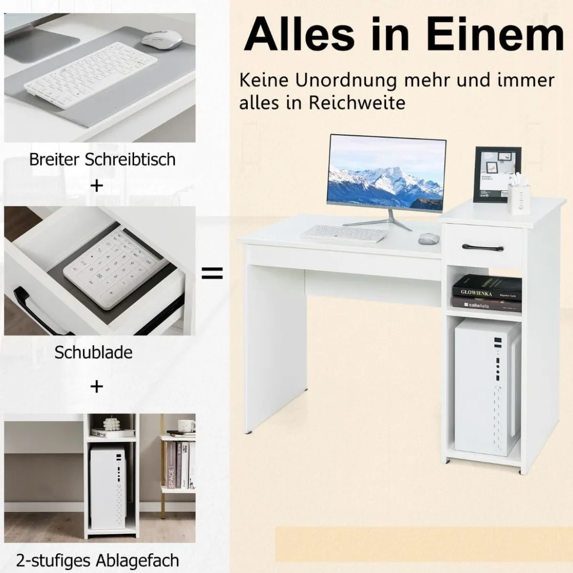 Schreibtisch mit Schublade & offenen Regalen Computertisch aus Holz 102 x 50 x 82 cm Weiß